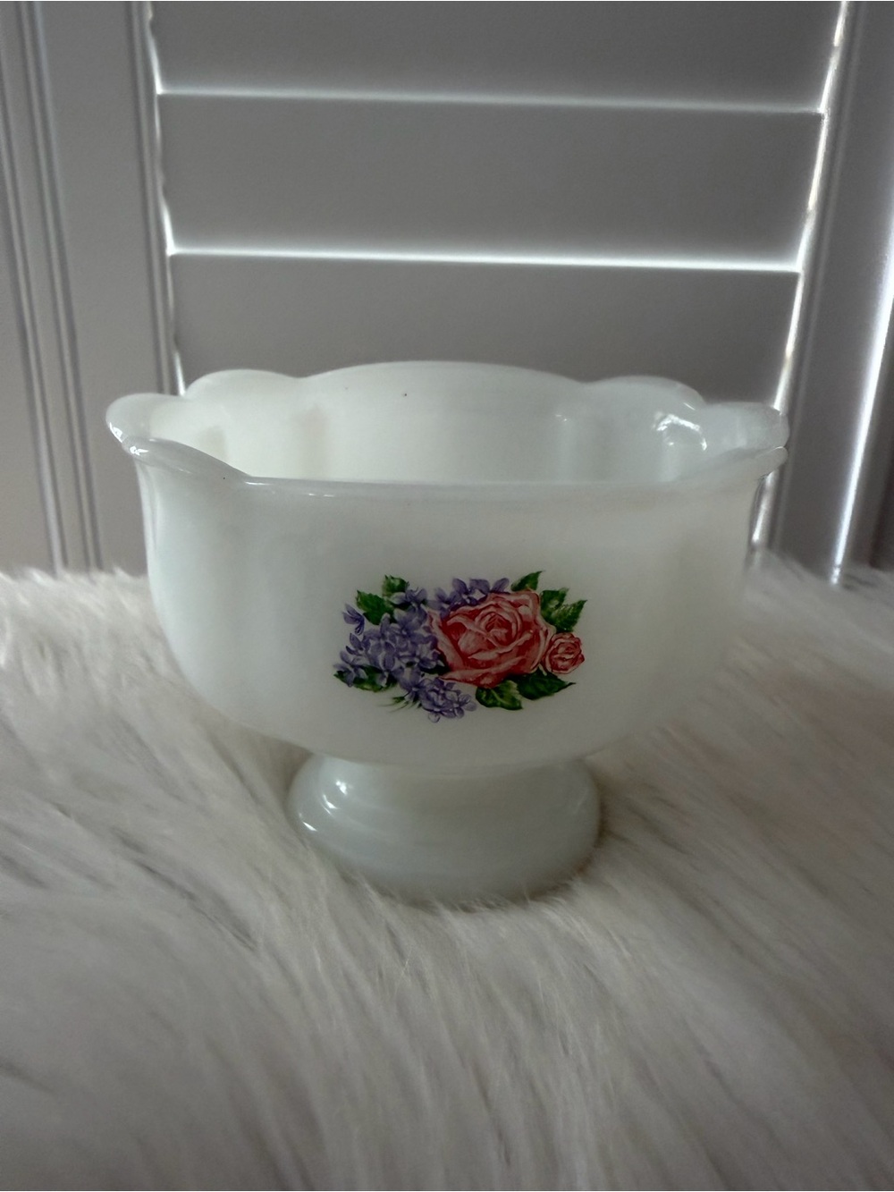 Avon White Milk Glass Pedestal candy dish with Rose and Purple Flower Motif